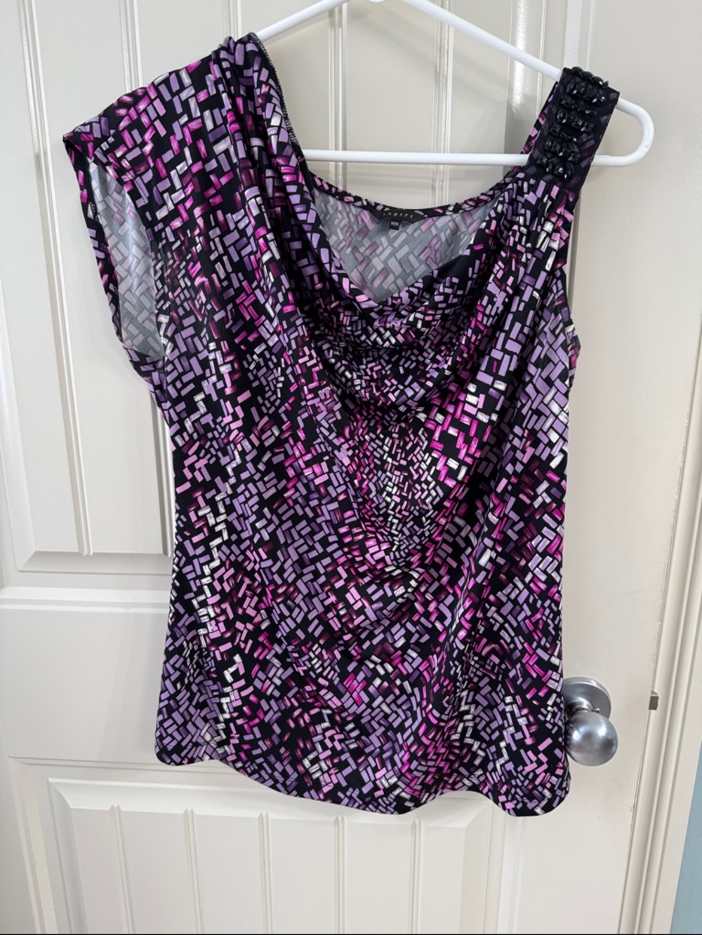 Cowl Neck Geometric Print One-Shoulder Blouse - Pink & Black